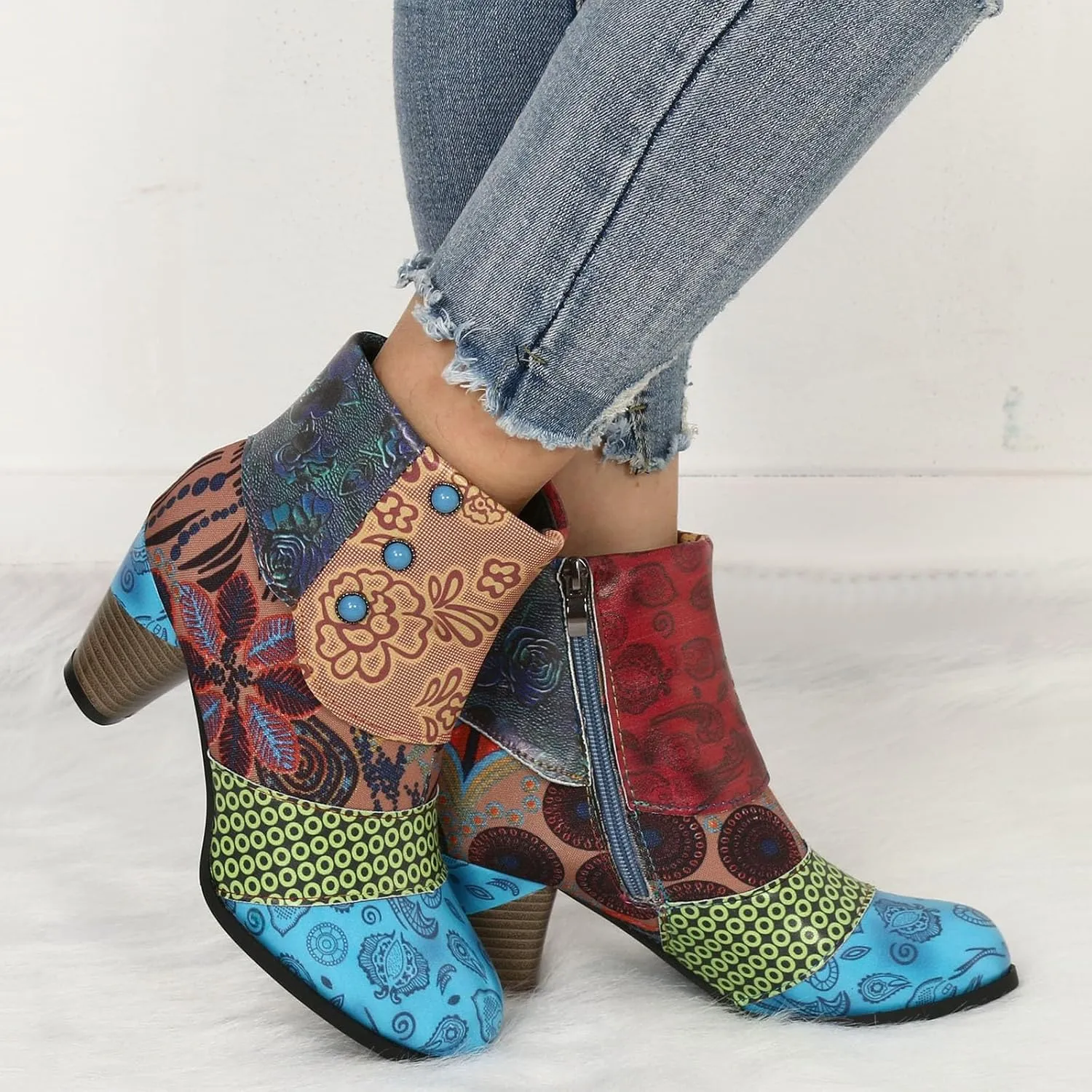 Ankle Boots for Women With Heel Womens Boots Fashion Colorblocking Chunky Heel Outdoor Casual Zipper Short Boots