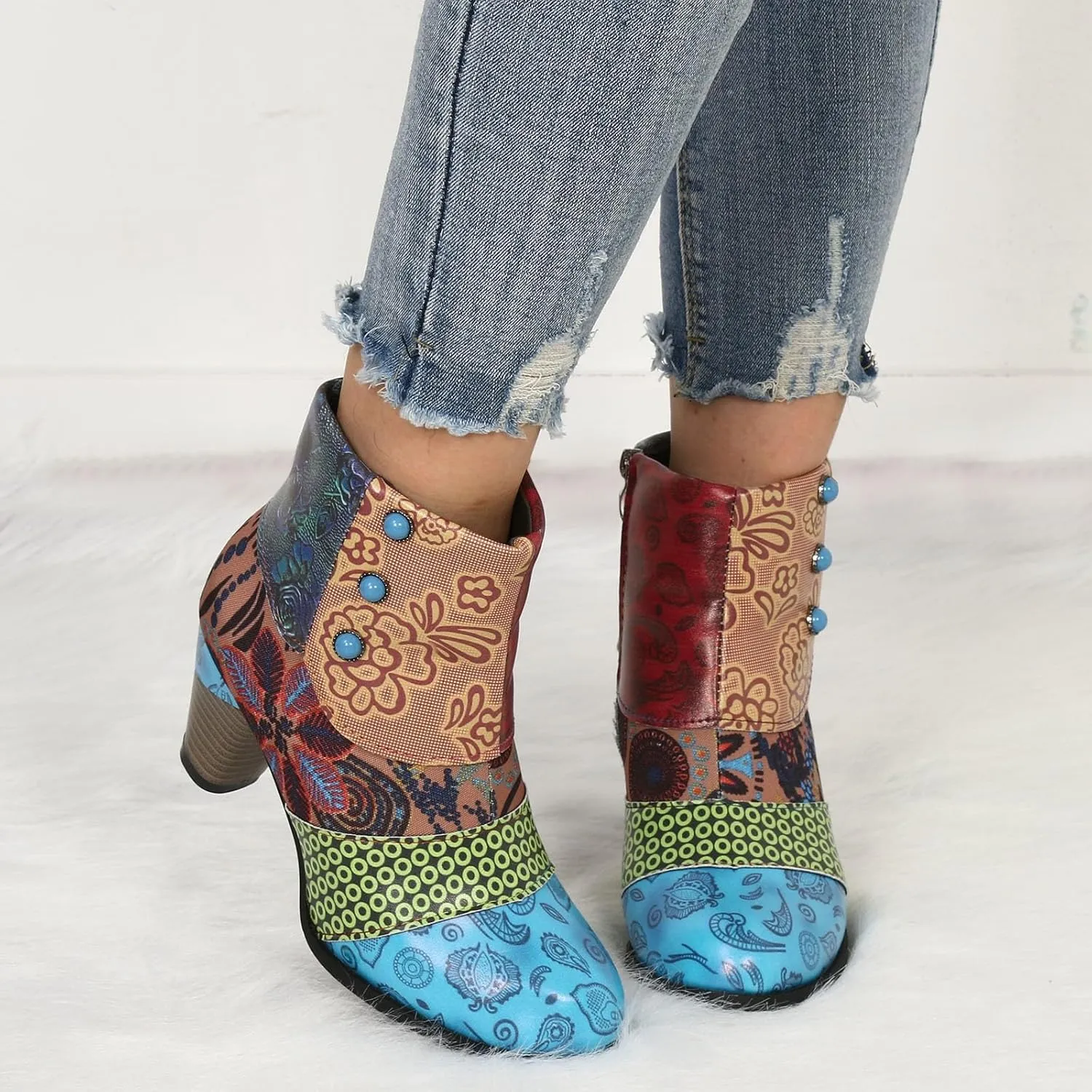 Ankle Boots for Women With Heel Womens Boots Fashion Colorblocking Chunky Heel Outdoor Casual Zipper Short Boots