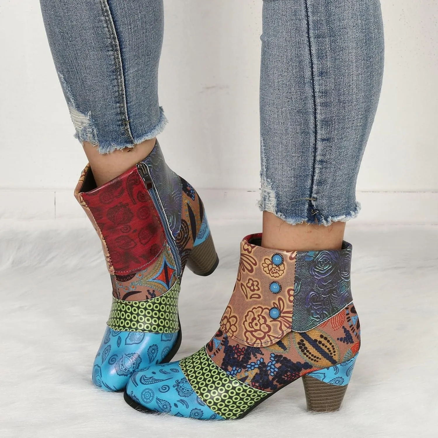 Ankle Boots for Women With Heel Womens Boots Fashion Colorblocking Chunky Heel Outdoor Casual Zipper Short Boots