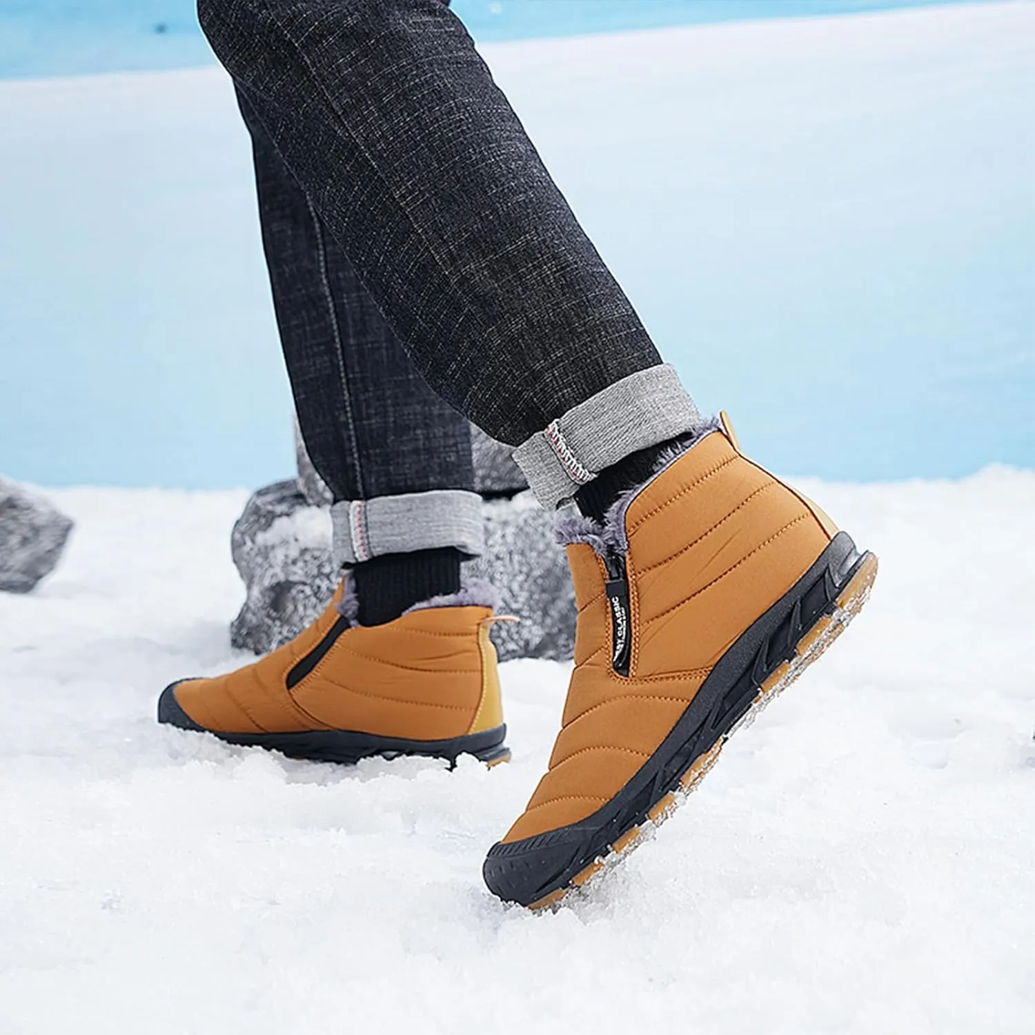 Mens Winter Warm Snow Boots Fur Lined Waterproof Winter Shoes Retro Anti-Collision Round Toe Side Zipper Anti-Slip Lightweight Ankle Boot