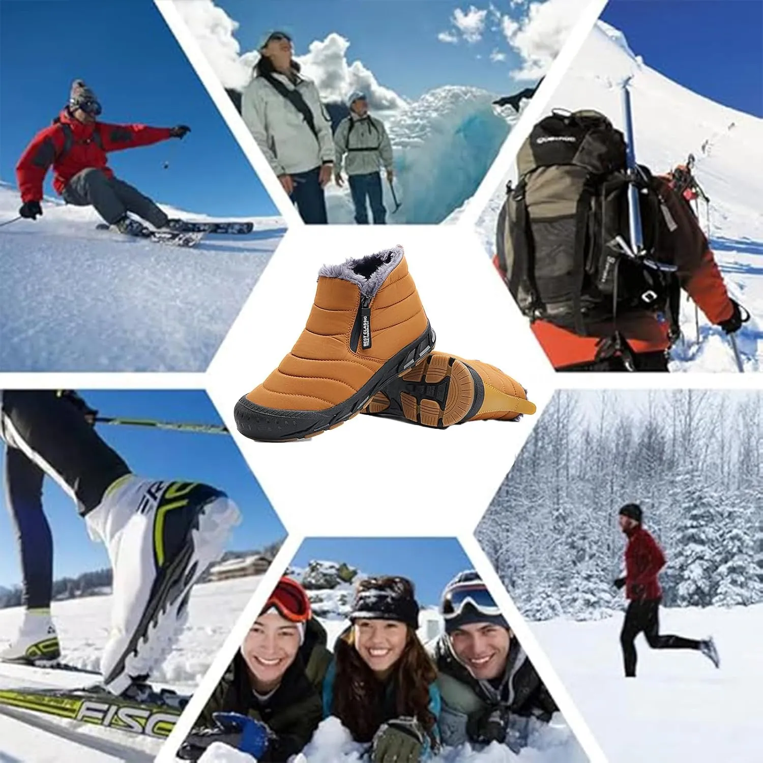 Mens Winter Warm Snow Boots Fur Lined Waterproof Winter Shoes Retro Anti-Collision Round Toe Side Zipper Anti-Slip Lightweight Ankle Boot