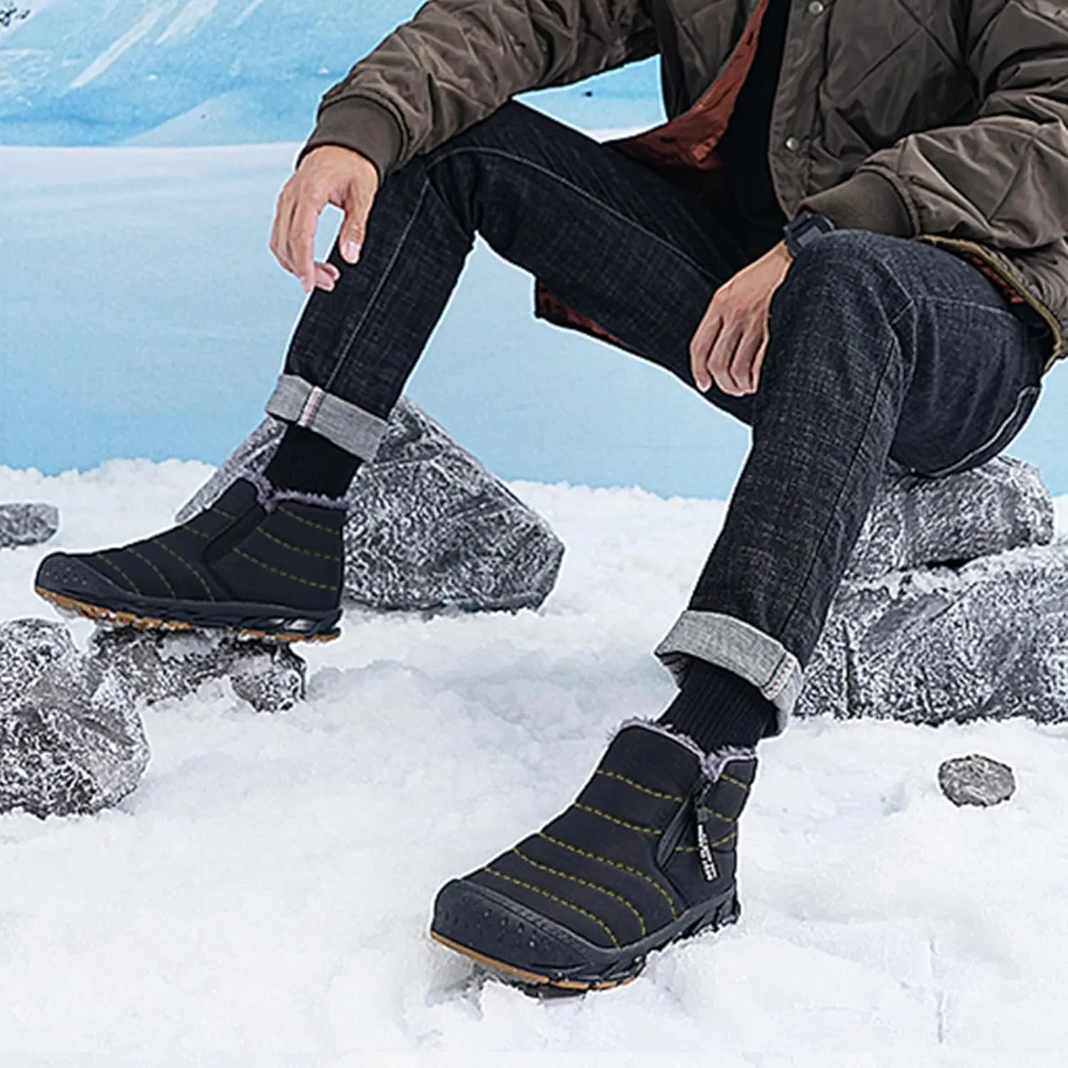 Mens Winter Warm Snow Boots Fur Lined Waterproof Winter Shoes Retro Anti-Collision Round Toe Side Zipper Anti-Slip Lightweight Ankle Boot
