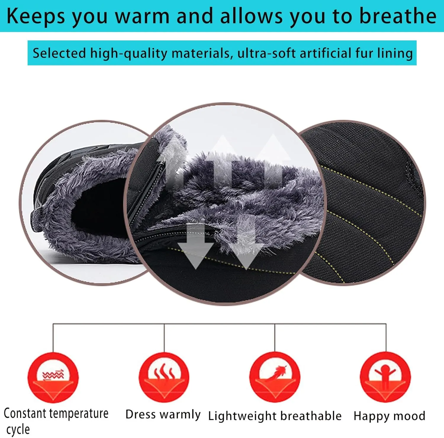 Mens Winter Warm Snow Boots Fur Lined Waterproof Winter Shoes Retro Anti-Collision Round Toe Side Zipper Anti-Slip Lightweight Ankle Boot