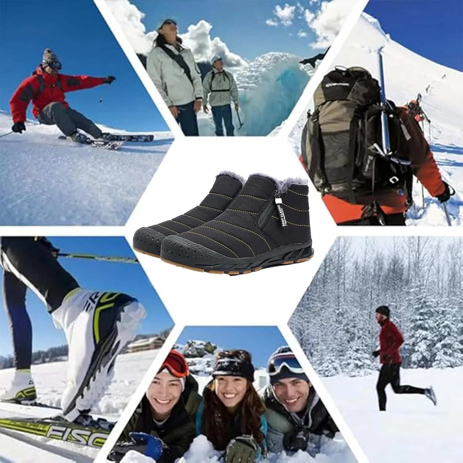 Mens Winter Warm Snow Boots Fur Lined Waterproof Winter Shoes Retro Anti-Collision Round Toe Side Zipper Anti-Slip Lightweight Ankle Boot