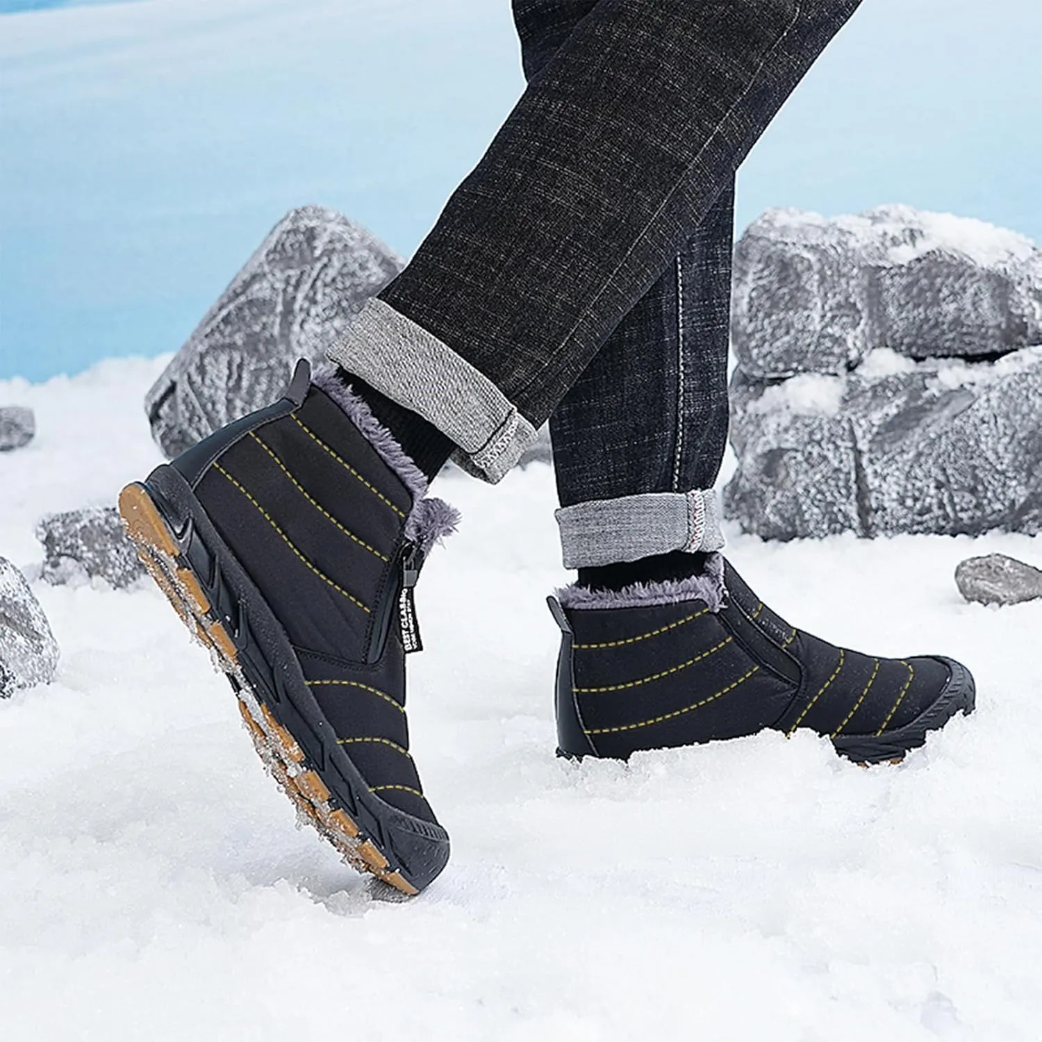 Mens Winter Warm Snow Boots Fur Lined Waterproof Winter Shoes Retro Anti-Collision Round Toe Side Zipper Anti-Slip Lightweight Ankle Boot